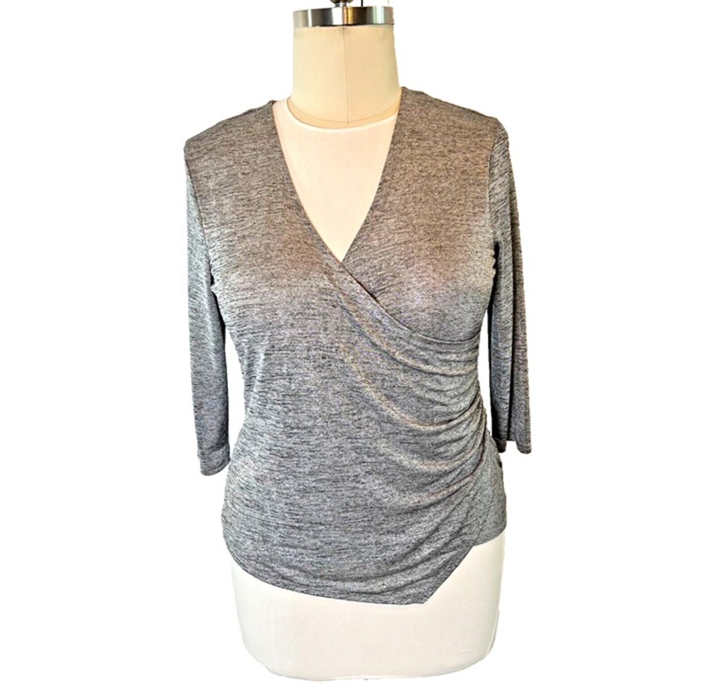 Jennifer Lopez - Women's XL Blouse Silver Grey Heathered Wrap Front VNeck Ruched